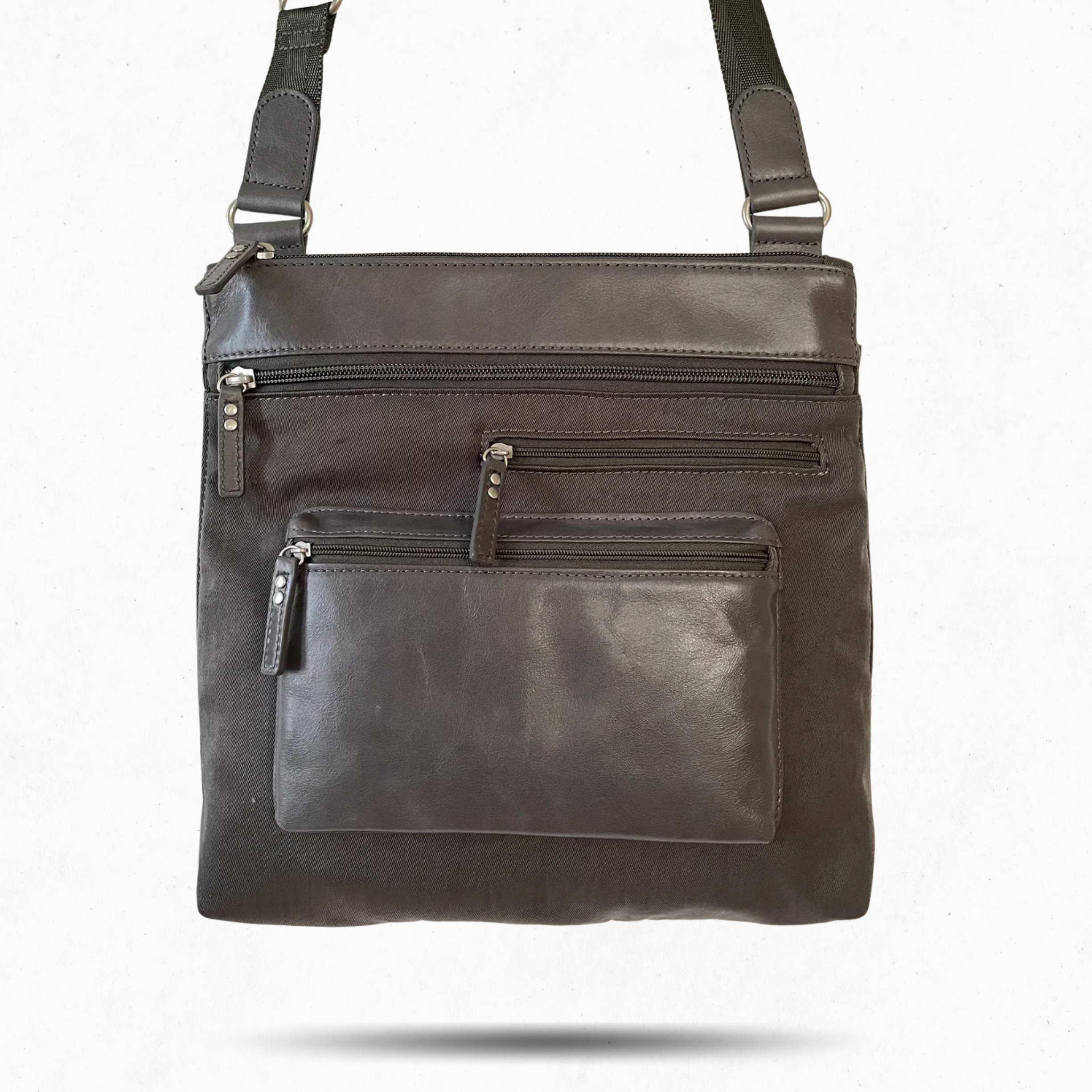 ALICE - Medium Nylon x Leather Shoulder with Front Pocket | Cross-Body Adjustable Shoulder Straps | Grey